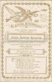 Photograph, The Australian Memorial Card Company, Memorial Card: Alicia Jackson Reynolds, 1899