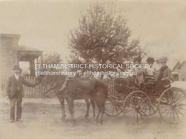 Photograph, Chris Watson with Carrie Shillinglaw holding baby Jean and her sisters Elizabeth and Mary Shillinglaw in the back of the carriage, c.1906