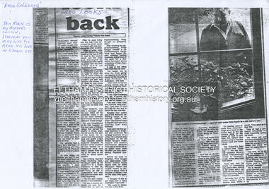 Document - Photocopy, Diamond Valley News, Newspaper article: Fred looks back by Linley Hartley, Diamond Valley News, c.1985