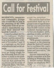Newsclipping, Call for festival; The Advertiser, July 2, 1996