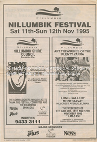 Newspaper - Advertising, Nillumbik Festival; Sat 11th-Sun 12th Nov 1995, Diamond Valley news, November 1, p22, 1995