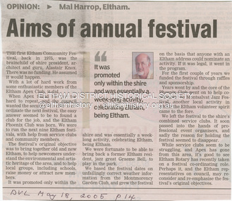Newspaper - Newspaper clipping, Diamond Valley Leader, Aims of annual festival, Mal Harrop, 2005