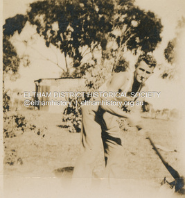 Photograph, Jim Teagle chopping wood at 1 Thomas Street, Eltham, c.1938