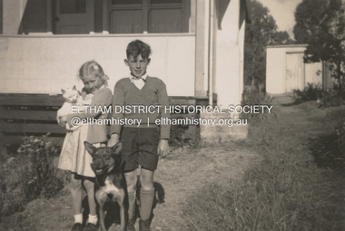 Photograph, Pam and Kenneth Ingram with dog Chippy and cat, Snow White at their home, 19 Thomas Street, Eltham, c.1946