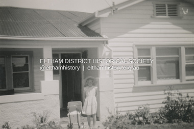 Photograph, Pam Ingram in front of house at 27 Nicholson Street, Bentleigh, c.1951