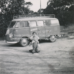 Photograph, Mobile Fruit Supply. Grace Burrows (nee Ingram) with son John, 1957