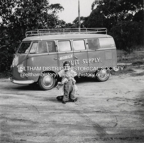 Photograph, Peter Burrows (attrib.), Mobile Fruit Supply. Grace Burrows (nee Ingram) with son John, 1957