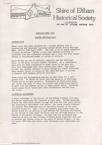 Document - Folder, Shire of Eltham Historical Society, Heritage Week, 1982-1996