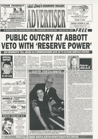 Document - News Clipping, Advertiser, Public Outcry at Abbott Veto with 'Reserve Power; 200 residents yell abuse as commissioners give ok to Eltham service station; Advertiser, Tuesday, October 15, p1, 1996