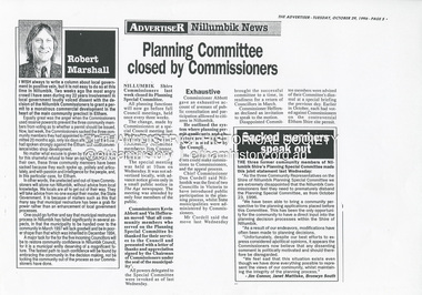 Document - News Clipping, Advertiser, Planning Committee closed by Commissioners, Advertiser, October 29, p5, 1996