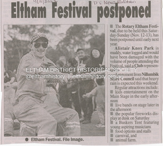 Newspaper clipping, Eltham Festival postponed, Diamond Valley News Edition, 9 November, 2022