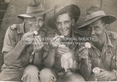 Photograph, Herald, L-R: Kevin Arrowsmith, Bobby Arrowsmith and Unknown enjoy their first taste of ice cream since being freed from POW camp, c.1946