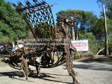 Photograph, Fay Bridge, Scrap iron sculpture outside St Andrews Stockfeed, 66 Caledonia St, St Andrews, 31 March 2019