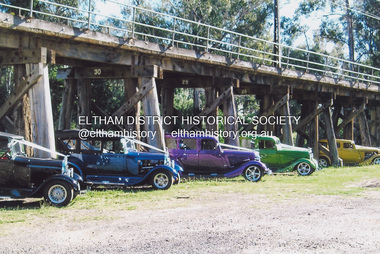 Photograph, Fay Bridge, Hot Rods at the Eltham Railway Trestle Bridge, n.d