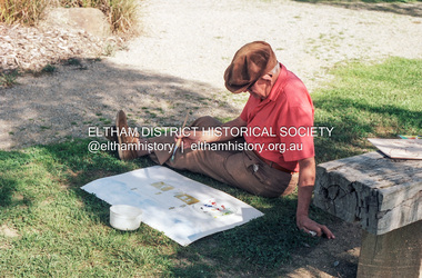 Photograph (Item) - Print, Wendy Price, In Eltham, art is for everyone; Man painting Shillinglaw Cottage, Eltham Town Park, 1988