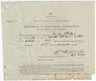 Certificate - Certificate of Successful Vaccination, Emily Gladys Withers, Kew, Victoria, 15 November, 1888
