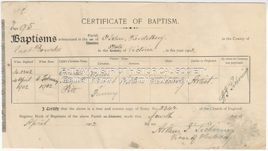 Certificate - Certificate of Baptism, Nancy Josephine Pitt Withers, 27 October, 1902