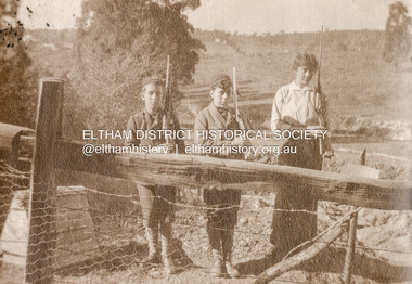 Photograph, Mervyn, Bill and Dall on guard at Southernwood, 1916