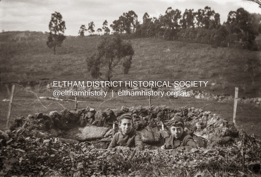 Photograph, Charles Withers (aka Bill) and his friend Mervyn Britain (right) in their trench at Southernwood, Eltham, 1916