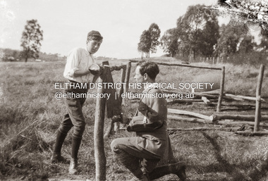 Photograph, Charles Withers (aka Bill) and Sgt Tyrrell George Evans at work on the Withers property, Southernwood, Bolton Street, Eltham, c.1917
