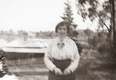 Photograph, Unidentified Withers family member outside Southernwood home, Bolton Street, Eltham, n.d