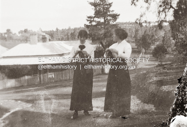 Photograph, Possibly Nancy (left) and Emily Withers outside their home, Southernwood, standing in Bolton Street at the intersection with Brougham Street, Eltham, n.d