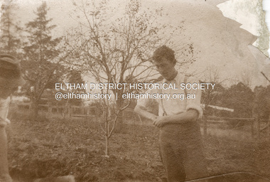 Photograph, Charles Withers (left) and Mervyn in the orchard at Southernwood, Eltham, c.1920