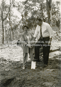 Photograph - Black and White Print, Shire of Eltham, Meruka Child Care Centre, turning the first sod: Cr Pamela Sladden, Peter Staples MHR Jaga Jaga, c.1993