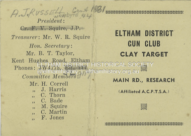 Document - Information Card, Eltham District Gun Club, Clay Target, Main Rd., Research (Affiliated A.C.P.T.S.A.), c.1950