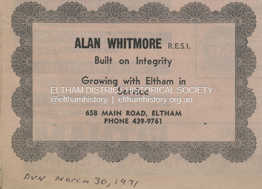 Document - Property Binder, 658 Main Road, Eltham, 1971
