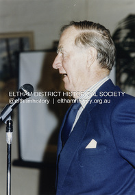Photograph - Colour Print, Shire of Eltham, Unidentified dignitary presenting a speech at the celebratory function to mark the end of the Shire of Eltham through municipal amalgamation, October 1994