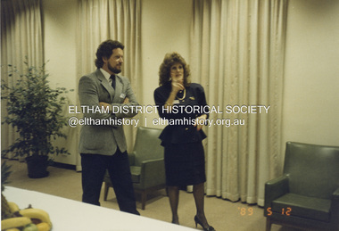 Photograph - Colour Print, Cr. Mary Grant, Eltham Shire President, and Rodney Roschellor, CEO address attendees at a function held in the Eltham Shire Council Offices, 895 Main Road, Eltham, 12 May 1989
