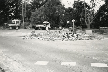 Photograph - Black and White Print, Construction of roundabout at intersection of Merritts Road and Kangaroo Ground-St Andrews Road, Panton Hill, c.1988