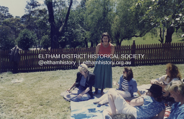 Photograph - Colour Print, Council staff enjoying a picnic lunch in the grounds of Shillinglaw Cottage, Eltham Common, c.1988