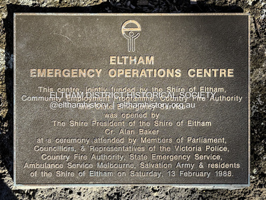 Photograph - Digital Photograph, Peter Pidgeon, Plaque, Eltham Emergency Operations Centre (and Kangaroo Ground Hall), 35 Kangaroo Ground-St Andrews Road, Kangaroo Ground, 5 July 2025