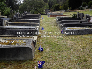 Photograph - Digital Photograph, Jim Connor, Flag tribute, Eltham Cemetery, Remembrance Day, 11 November 2019