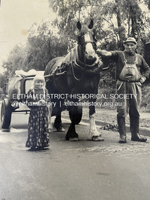 Photograph - Digital copy of photograph, Gordon Allingham, Danielle Hardiman with Eltham Shire Council garbage collector, Joe Buhagiar with his horse drawn cart, Rattray Road, Montmorency, c.1965