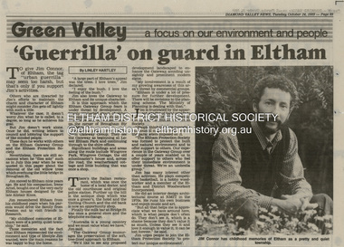 Article - Newspaper article, Linley Hartley, 'Guerrilla' on guard in Eltham, 24 October 1989