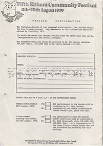 Document - Entry Form, Eltham Phoenix Club, Program Confirmation; Fifth Eltham Community Festival 11th-20th August 1979, 1979