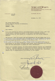 Document - Letter, Shire of Eltham, Congratulations from the Shire of Eltham to the Eltham Phoenix Club, Eltham Community Festival Coordinators, 16 November 1979