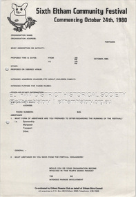 Document - Entry Form, Eltham Phoenix Club, Sixth Eltham Community Festival Commencing October 24th, 1980, 1980