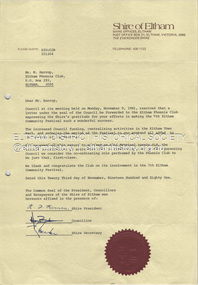 Document - Letter, Shire of Eltham, Congratulations from the Shire of Eltham to M. Harrop, Eltham Phoenix Club, 23 November 1981