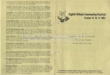 Document - Flyer, Shire of Eltham, Community Centre Activities; Eight Eltham Community Festival October 15, 16, 17, 1982, 1982