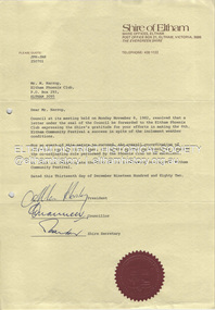 Document - Letter, Shire of Eltham, Congratulations from the Shire of Eltham to M. Harrop, Eltham Phoenix Club, 13 December 1982