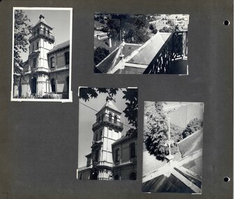4 photos on page - 2 views of mansion with tower and 2 views looking down on parts of the roof