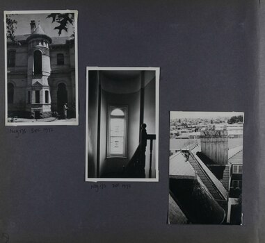 3 photos on page - one outside view of the mansion's tower, one inside view of the tower window and one view of the slate roof around the tower