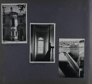 3 photos on page - one outside view of the mansion's tower, one inside view of the tower window and one view of the slate roof around the tower