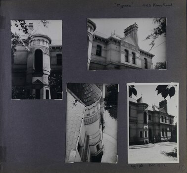 4 photos on page - 3 different views of the tower from outside and one view of the front highlighting the chimneys & part of the upper level