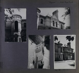4 photos on page - 3 different views of the tower from outside and one view of the front highlighting the chimneys & part of the upper level