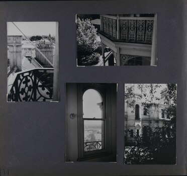 4 photos on page - 1 view from a balcony across the roof, 1 view of a balcony, 1 view through a window to outside and 1 view of the front of the house from the garden